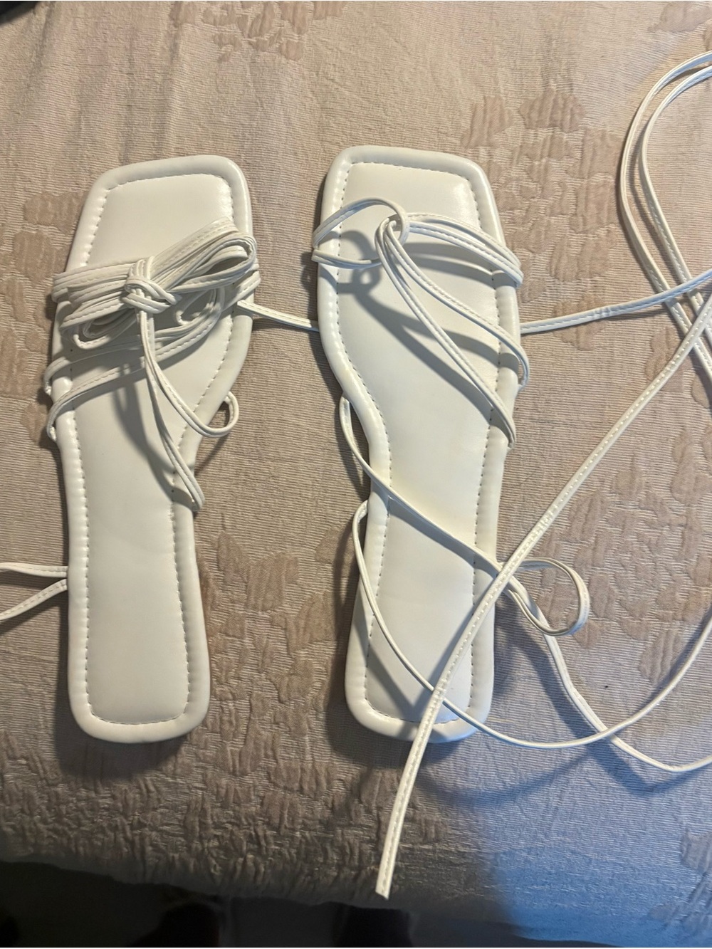 New White Lace-Up Square-Toe Women's Sandals